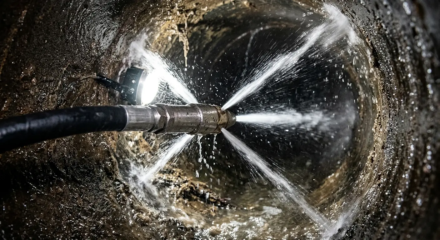 High-pressure hydro jetting nozzle cleaning sewer pipe for Emergency Drain Service in Talladega