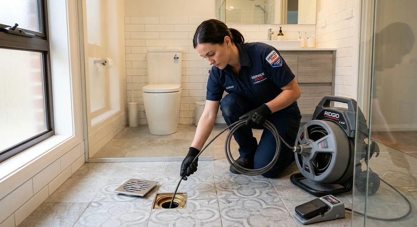 Technician clearing a bathroom floor drain for Sewer Line Installation in Talladega